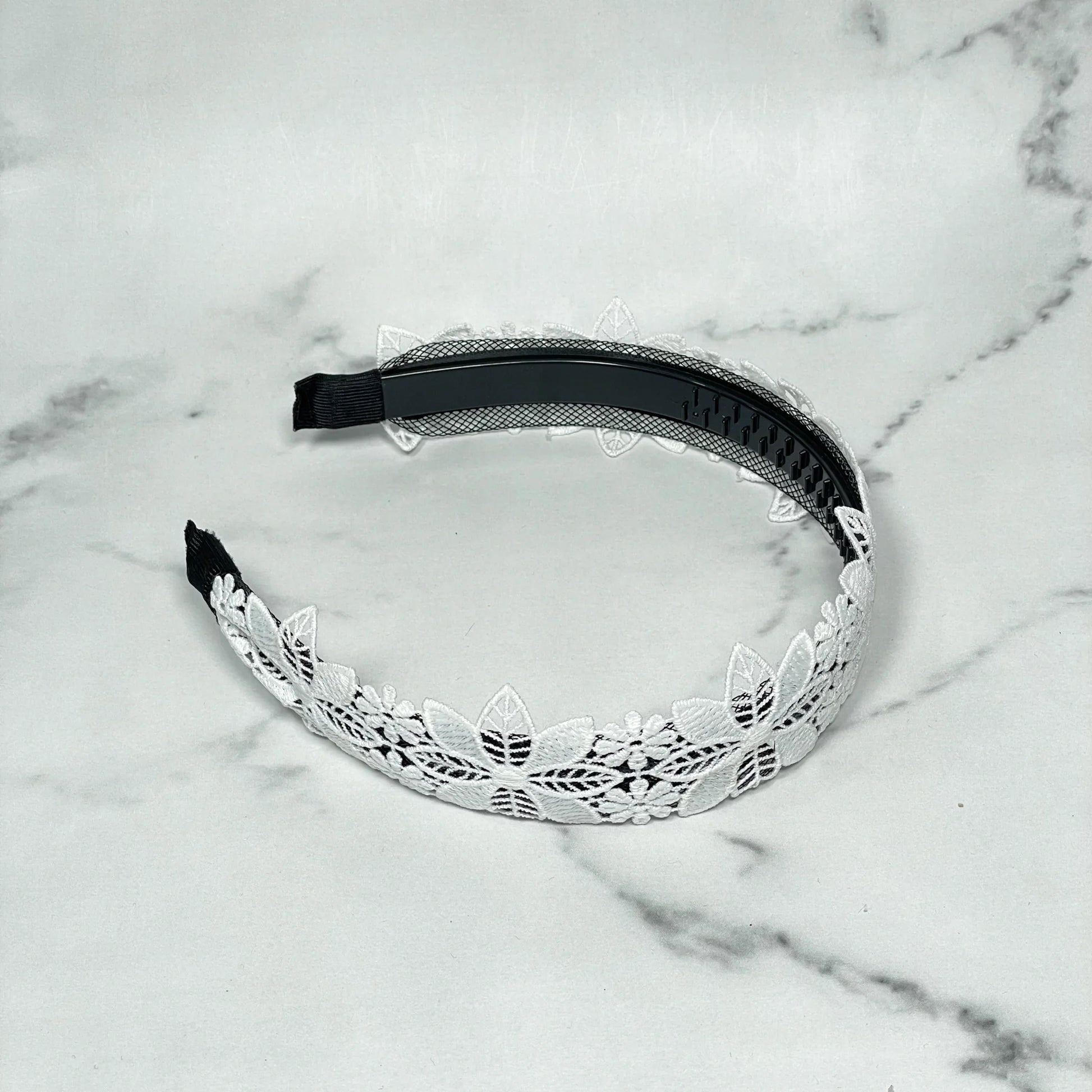 White lace medium broad colored hair bands with floral design on black base