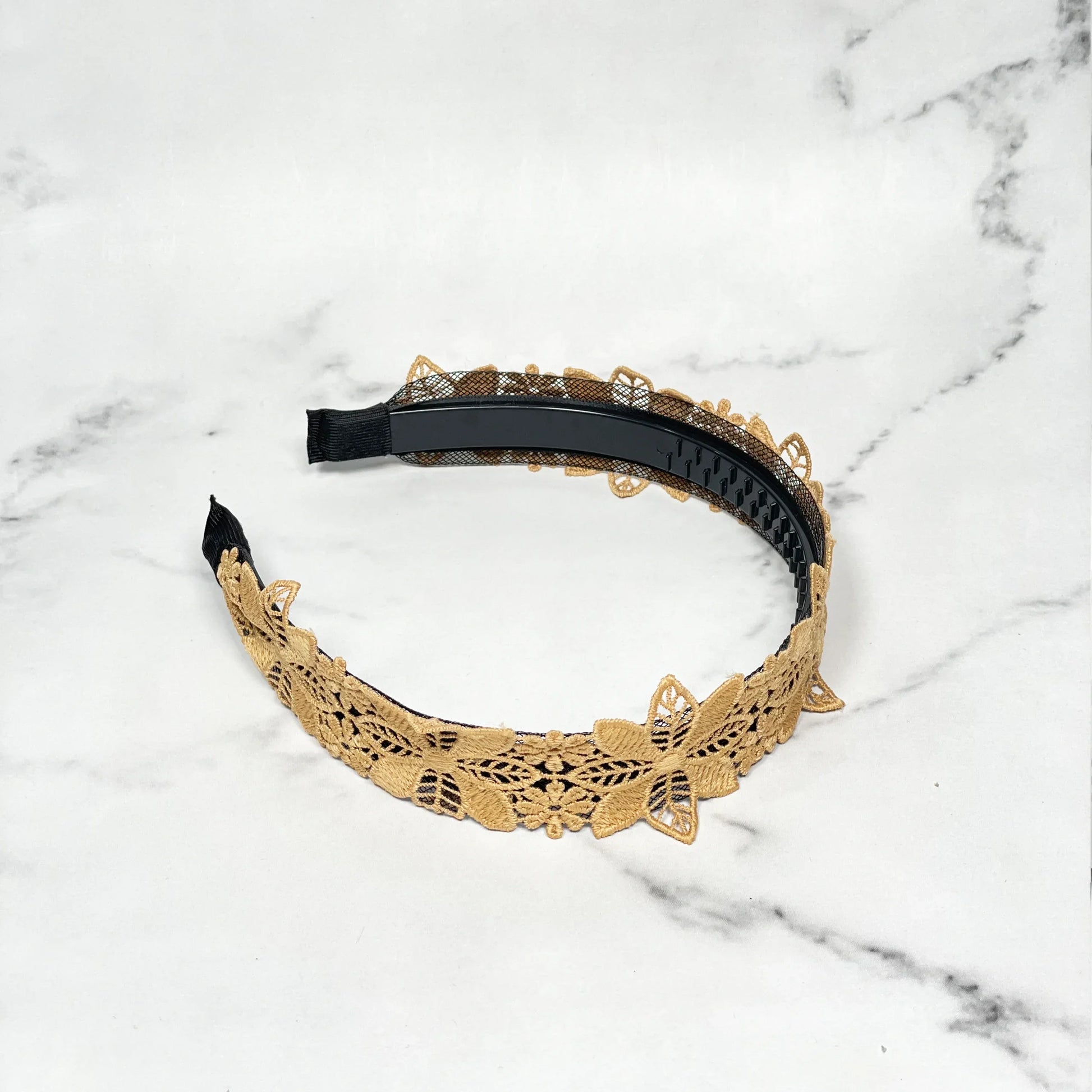 Medium broad colored hair bands with intricate beige butterfly lace design on black plastic base