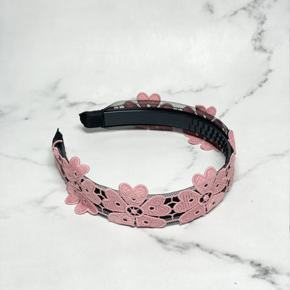 Medium Broad Lacy Floral Hairbands pink floral lace hairband on black plastic base