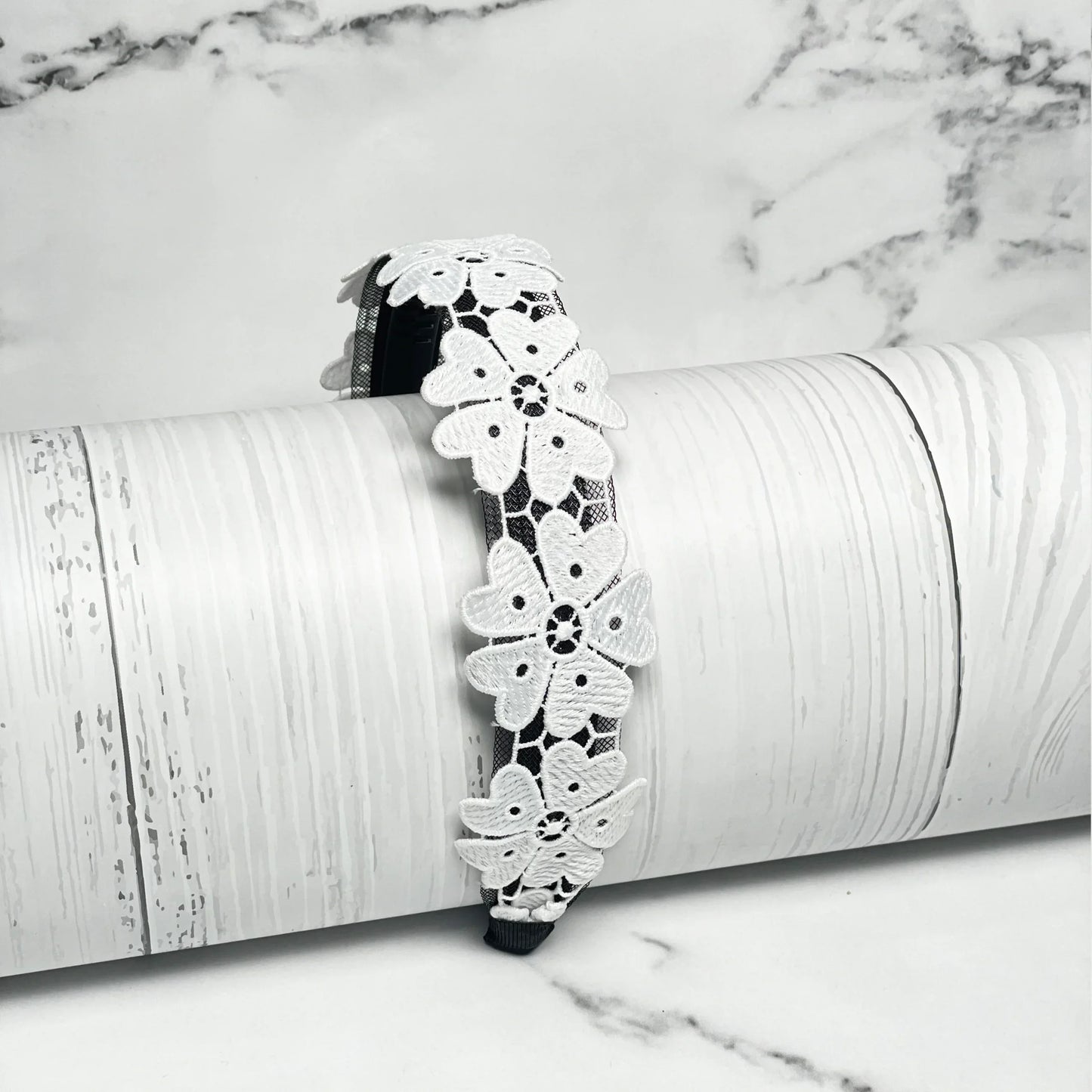 Medium Broad Lacy Floral Hairbands with delicate white lace flowers on black band