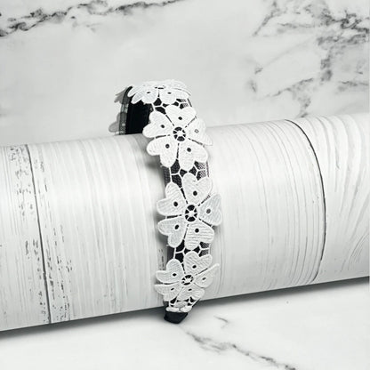 Medium Broad Lacy Floral Hairbands with delicate white lace flowers on black band