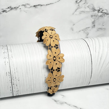 Medium Broad Lacy Floral Hairbands with beige floral lace design on black base