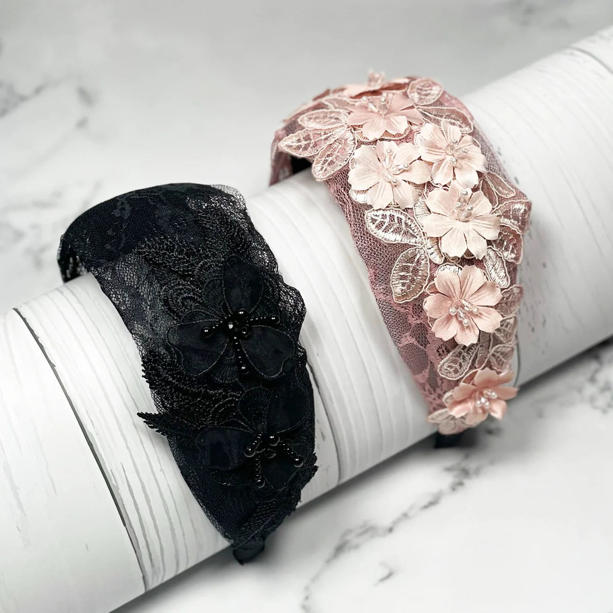 Pink and black mesh broad hairband with floral lace appliques for stylish hair accessories