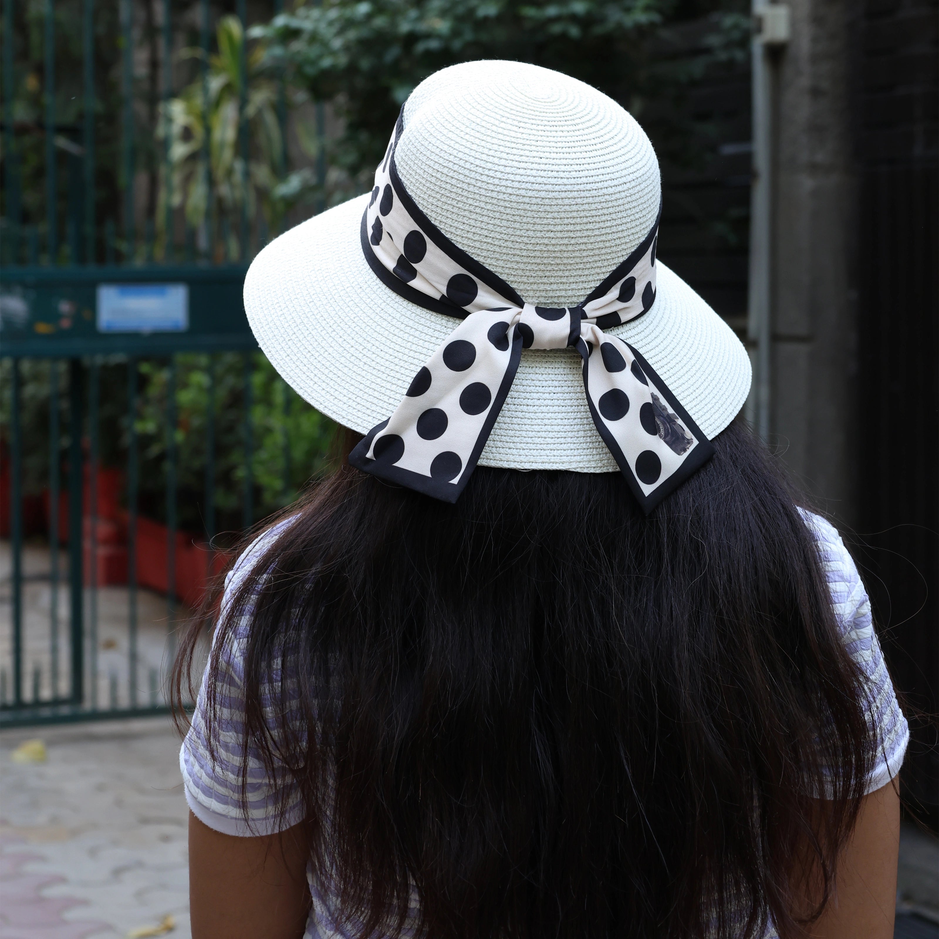 Off White Straw Round Bucket Hat with Polka Dot Black and White Ribbon
