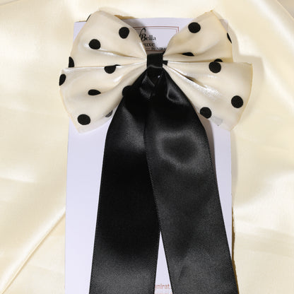 Bella Luxe Polka Dot Bow Clips with white and black satin fabric and long black ribbons