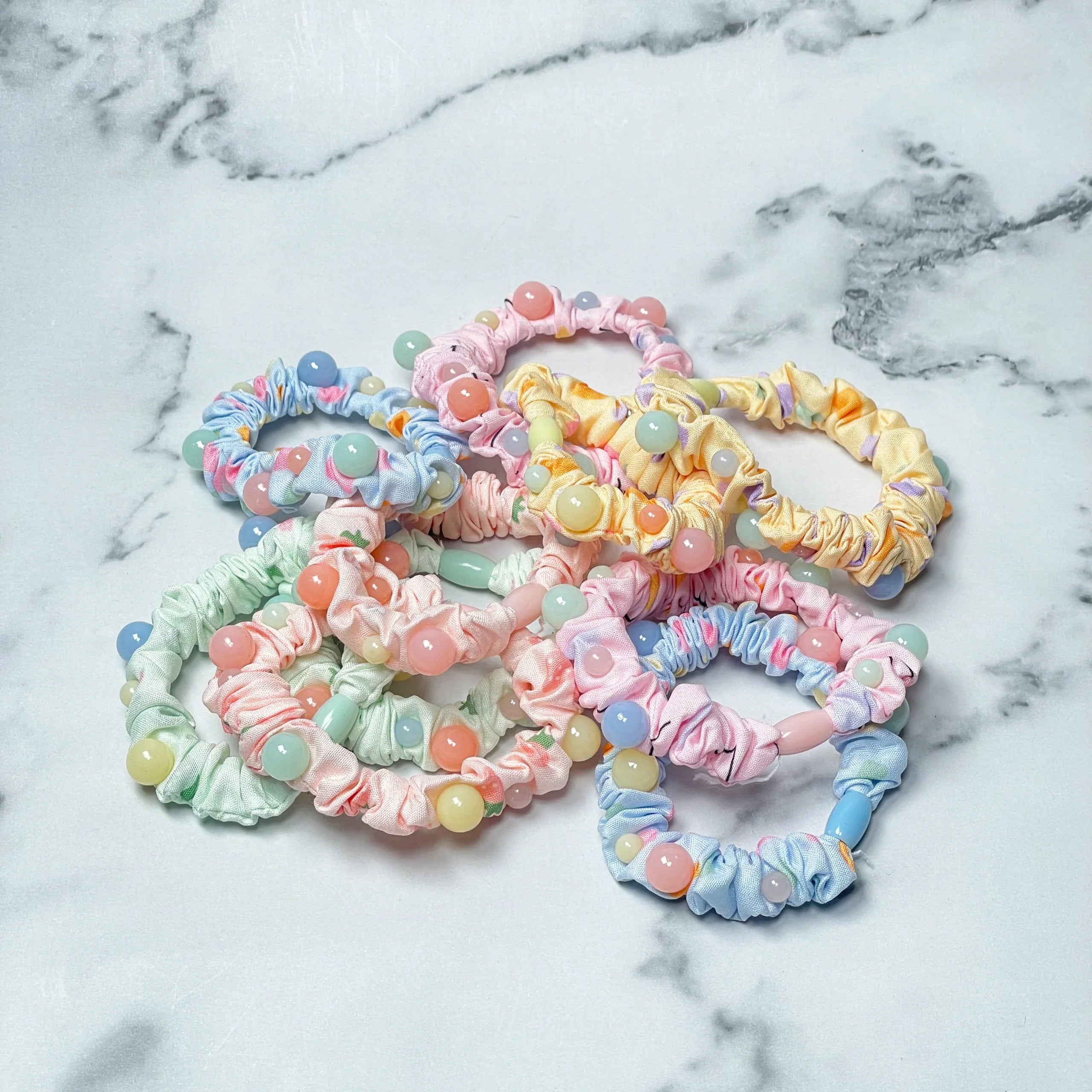 Printed Hair Ties with Colorful Beads (1 Pair)