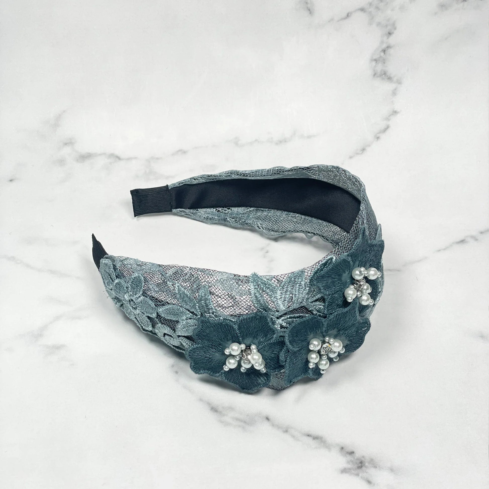 Three flower broad hairbands in grey with pearl accents and intricate floral design