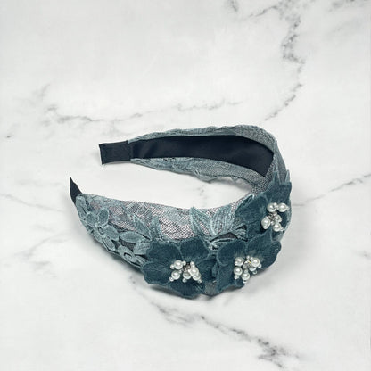 Three flower broad hairbands in grey with pearl accents and intricate floral design