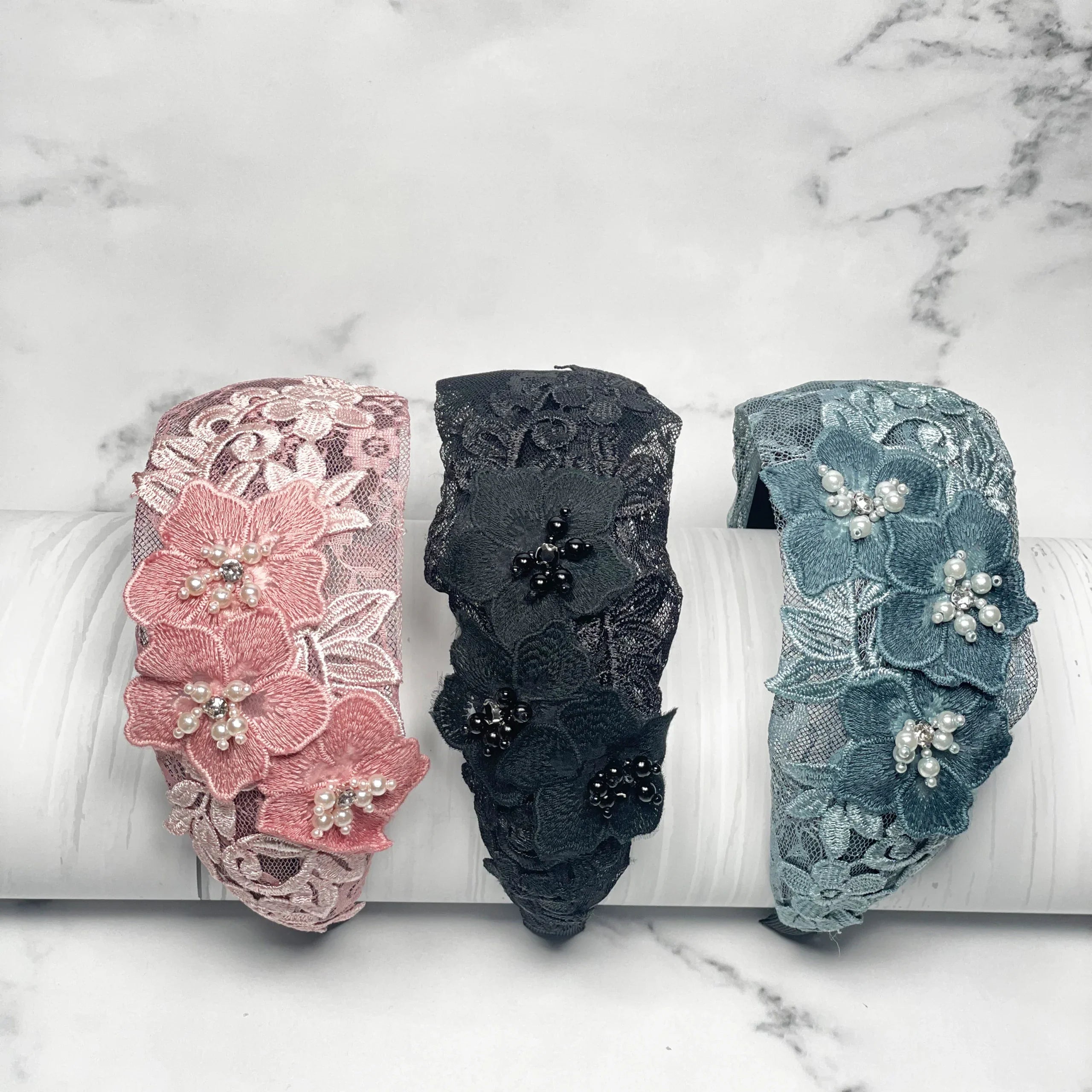 Embellished Three Flower Broad Headbands