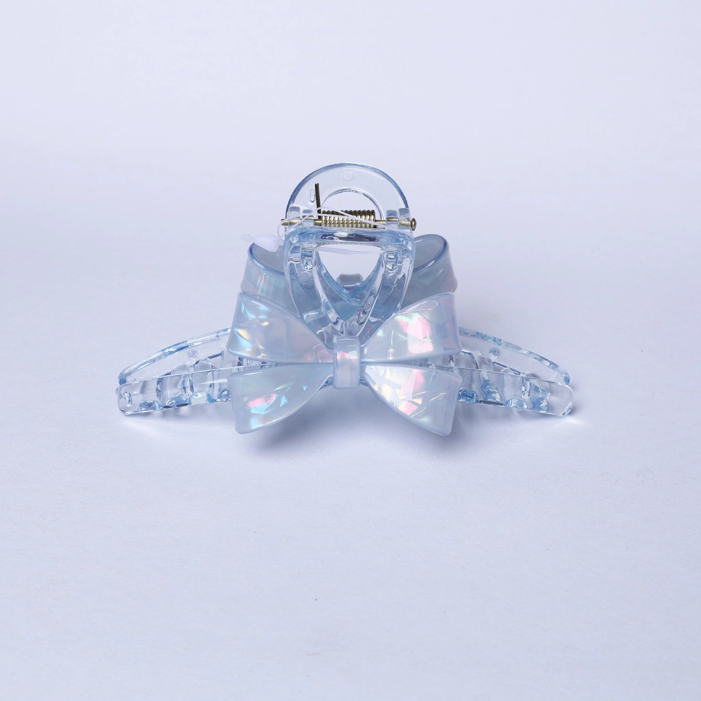 Clear iridescent bow hair clutches with a shiny bow design for stylish hair accessories