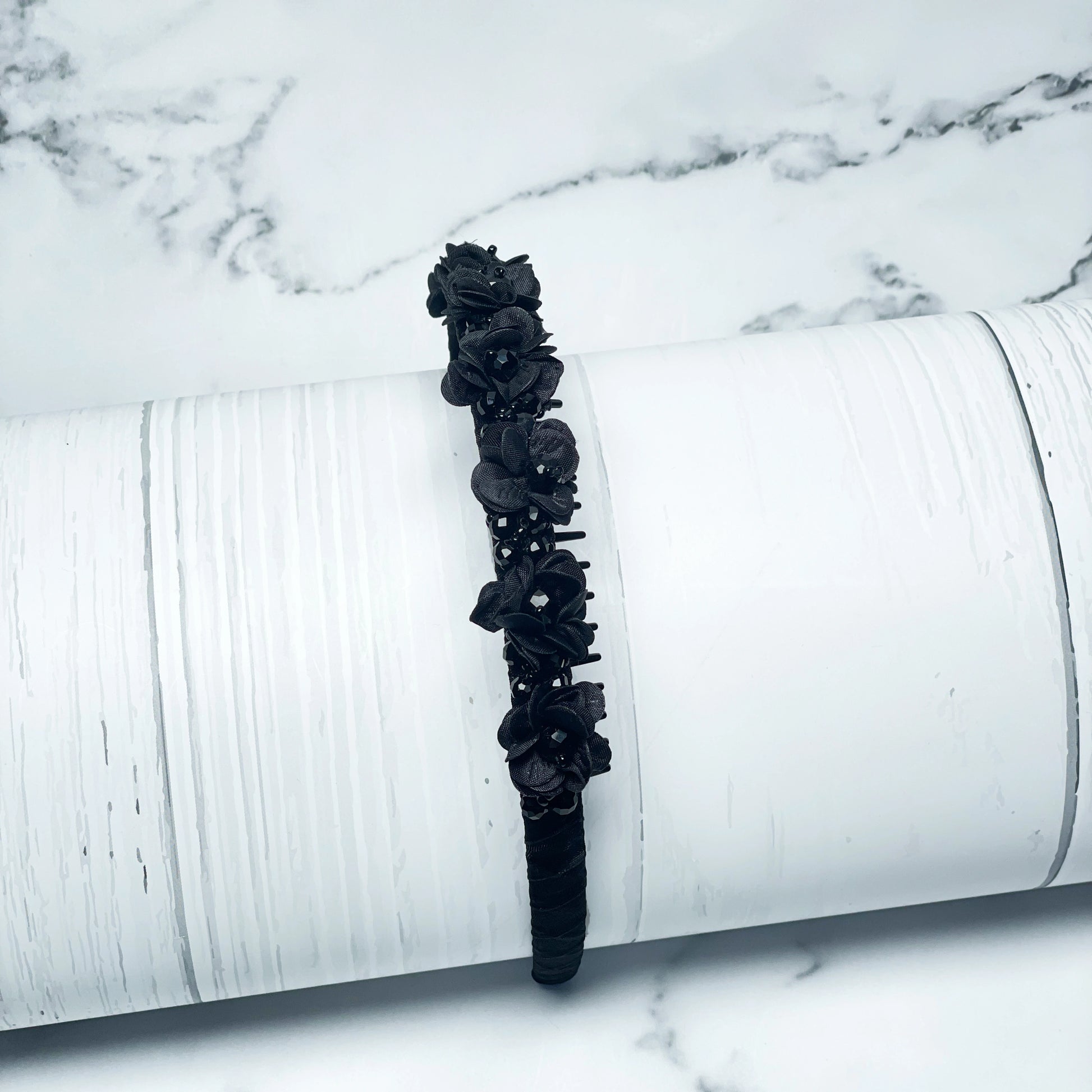 Black Crystal Studded Floral Hairbands with fabric flowers for elegant hairstyle accessories