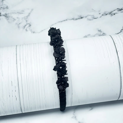 Black Crystal Studded Floral Hairbands with fabric flowers for elegant hairstyle accessories