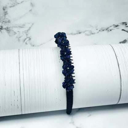 Elegant navy blue Crystal Studded Floral Hairbands featuring delicate fabric flowers and sparkling crystals