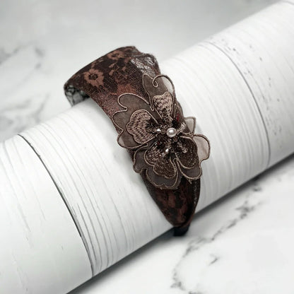 Brown lacy embellished hairbands for women with floral design and pearl detail