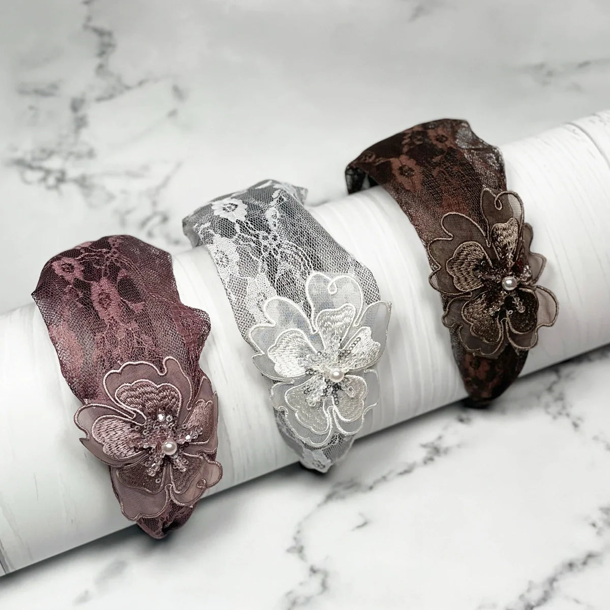 Broad Lacy Embellished Headbands (Sequin flower)