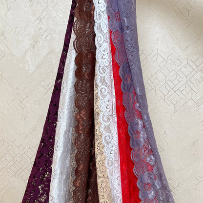 Collection of Lacy Hair Scarf in various colors including purple, brown, white, beige, red, and lavender