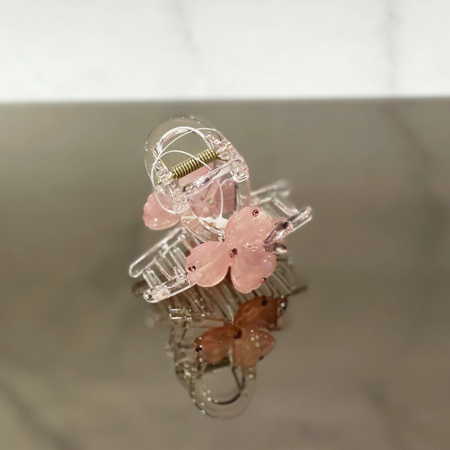 Clear hair clip with pink flowers and jewel accents pearl studded flower hair clutch