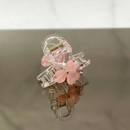 Clear hair clip with pink flowers and jewel accents pearl studded flower hair clutch
