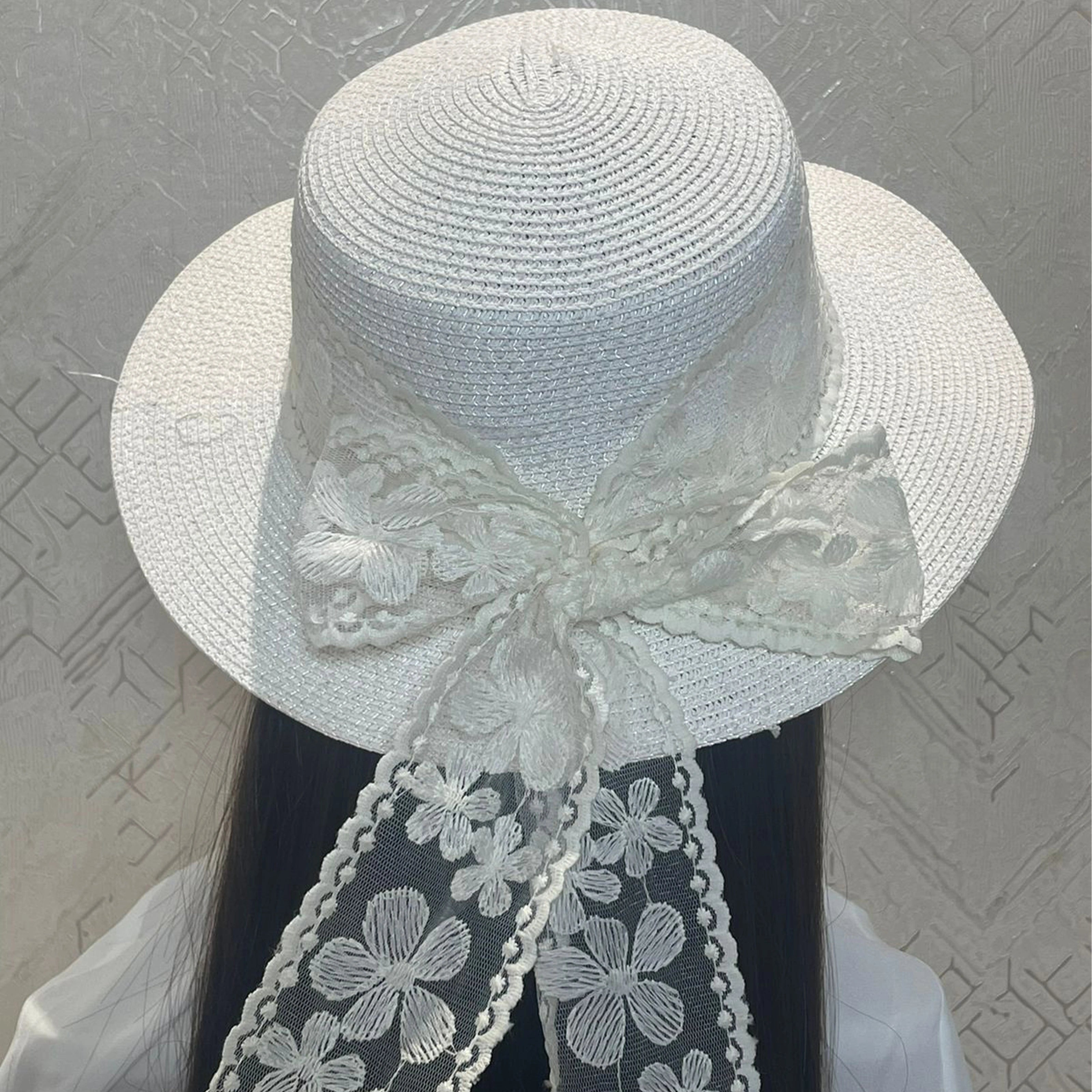 White Straw flat Top Hat with Cream Lacy Ribbon