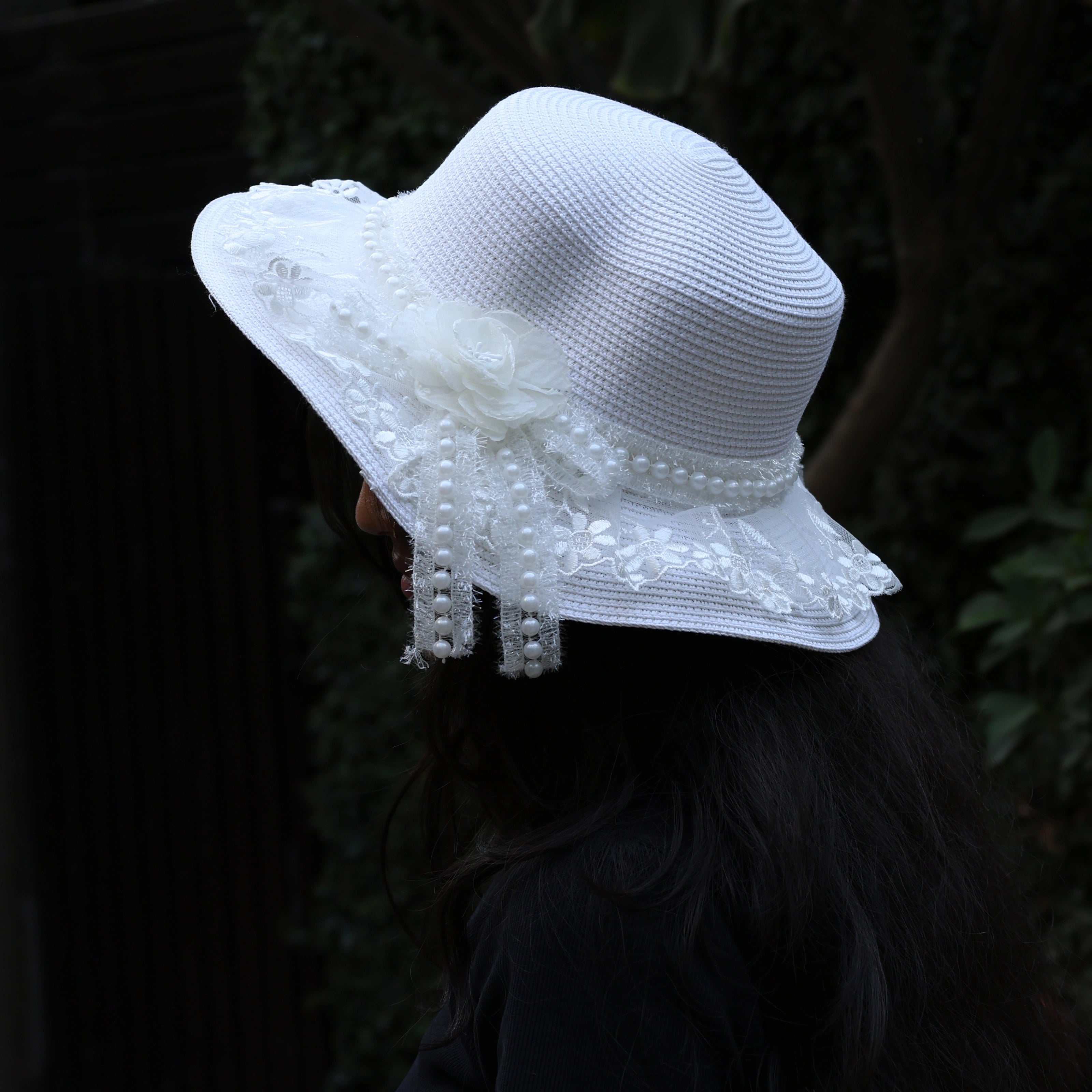 White Straw Flat Top Hat with Lace and Pearl Ribbon