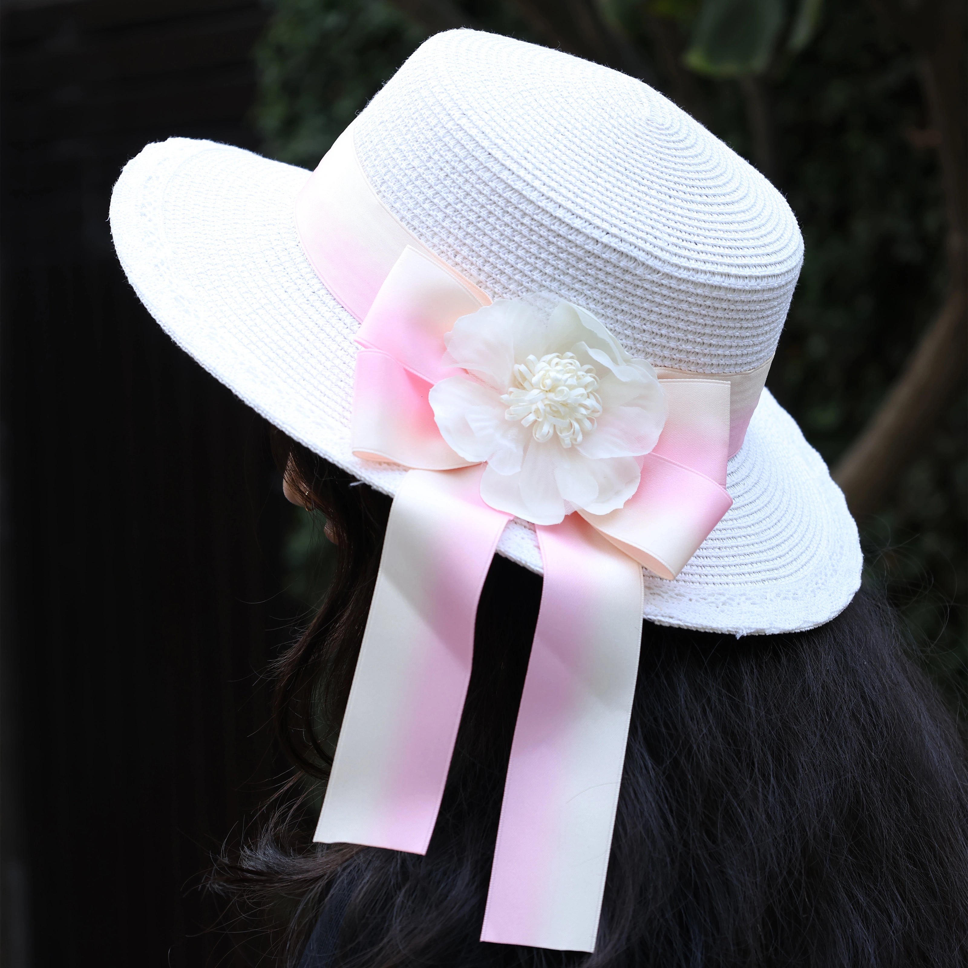 White Straw Flat Top Hat with Dual Color Ribbon (Pink)